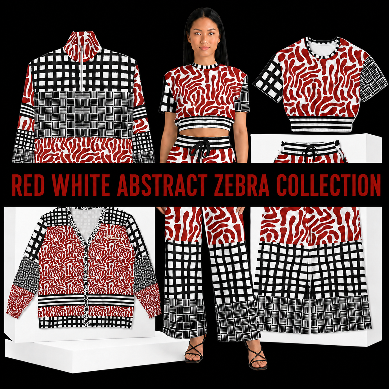 Red, white, and black fashion collage for the Red White Abstract Zebra Collection, featuring matching cropped pullovers, wide leg pants, a cardigan, and quarter-zip on a black background with white display blocks.