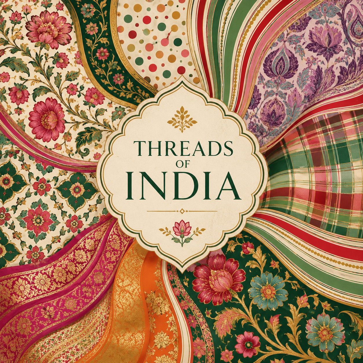 Threads of India collection icon featuring Mughal floral patterns, Indo-Persian block prints, sari-inspired textiles, colorful stripes, tartan plaids, and ornamental Indian textile swirls in a luxury wearable art fashion design.