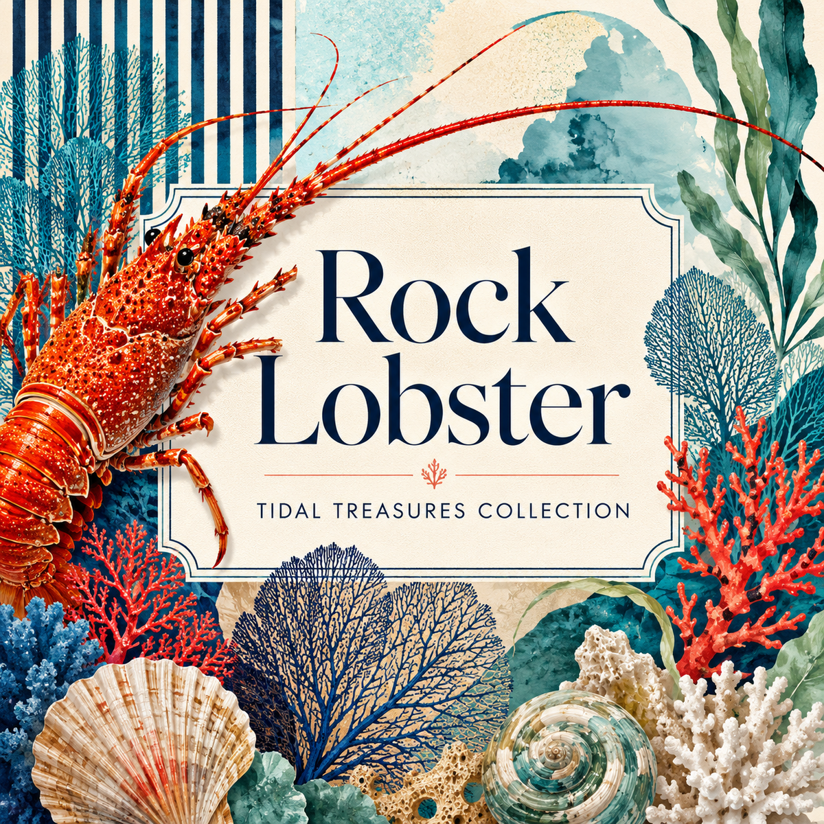 Rock Lobster Tidal Treasures Collection graphic featuring a vivid red rock lobster, coral reefs, sea fans, shells, ocean plants and nautical stripes in coastal blue, aqua, cream and coral tones.