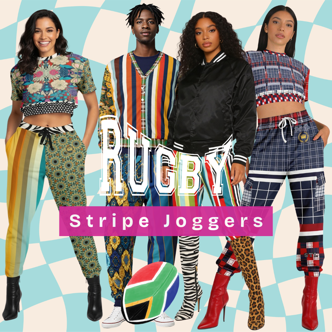 Rugby stripe joggers and cargo joggers in bold colorful patterns styled as wearable art outfits with mixed prints and athletic-inspired design.