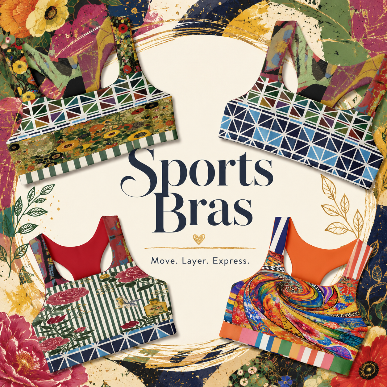 SingleTree Lane sports bra collection featuring bold wearable art prints designed for yoga, Pilates, layering, and everyday movement.