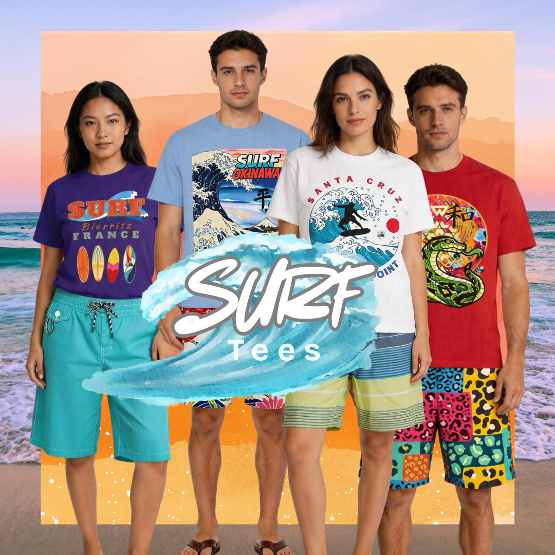 SingleTree Lane Surf Tees collection featuring men and women in colorful graphic surf T-shirts with wave, beach, Okinawa, Santa Cruz, Biarritz, and artistic designs.