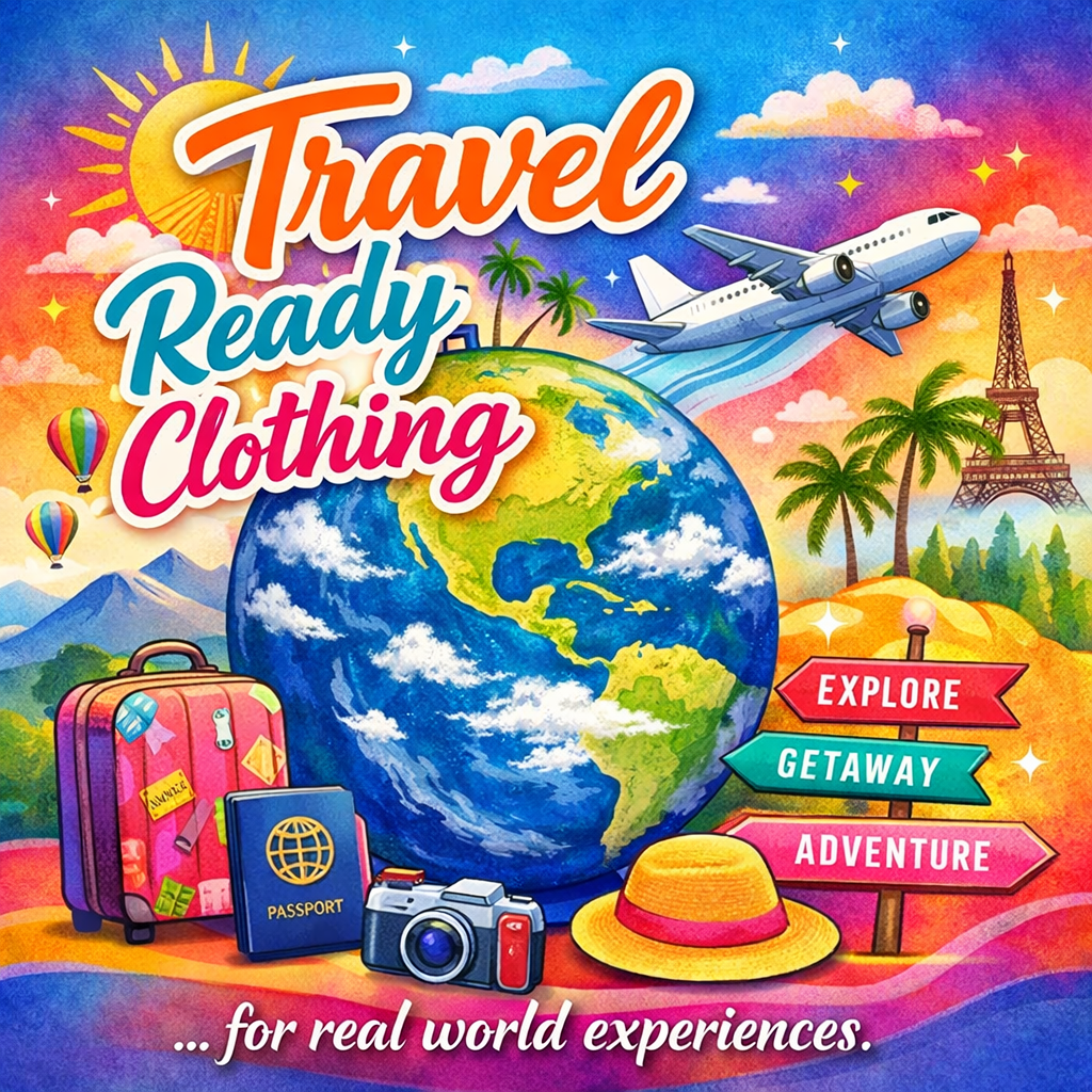 Colorful 1:1 graphic featuring a vibrant globe with a flying airplane, surrounded by travel icons like a suitcase, passport, and landmarks, with bold text reading “Travel Ready Clothing” and the tagline “…for real world experiences.”