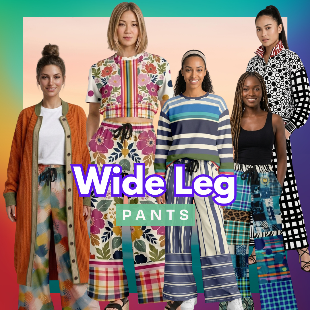 SingleTree Lane wide leg pants collection featuring women in colorful floral, striped, patchwork, abstract, and geometric wearable art pants styled with coordinating tops and layers.