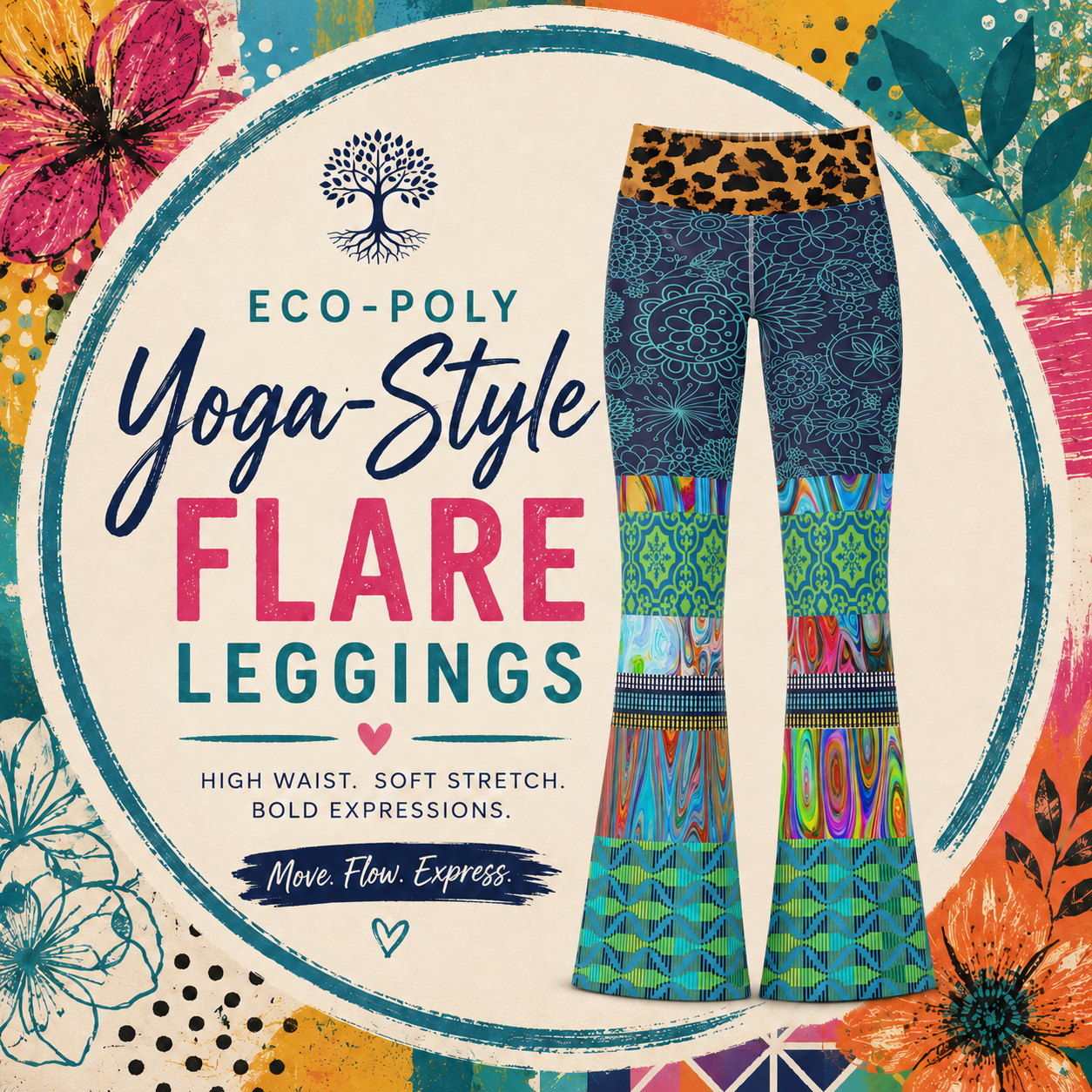 Colorful 1:1 Eco-Poly Yoga-Style Flare Leggings collection icon featuring high-waisted patchwork flare leggings with bold wearable art prints, floral accents, and Move Flow Express text.