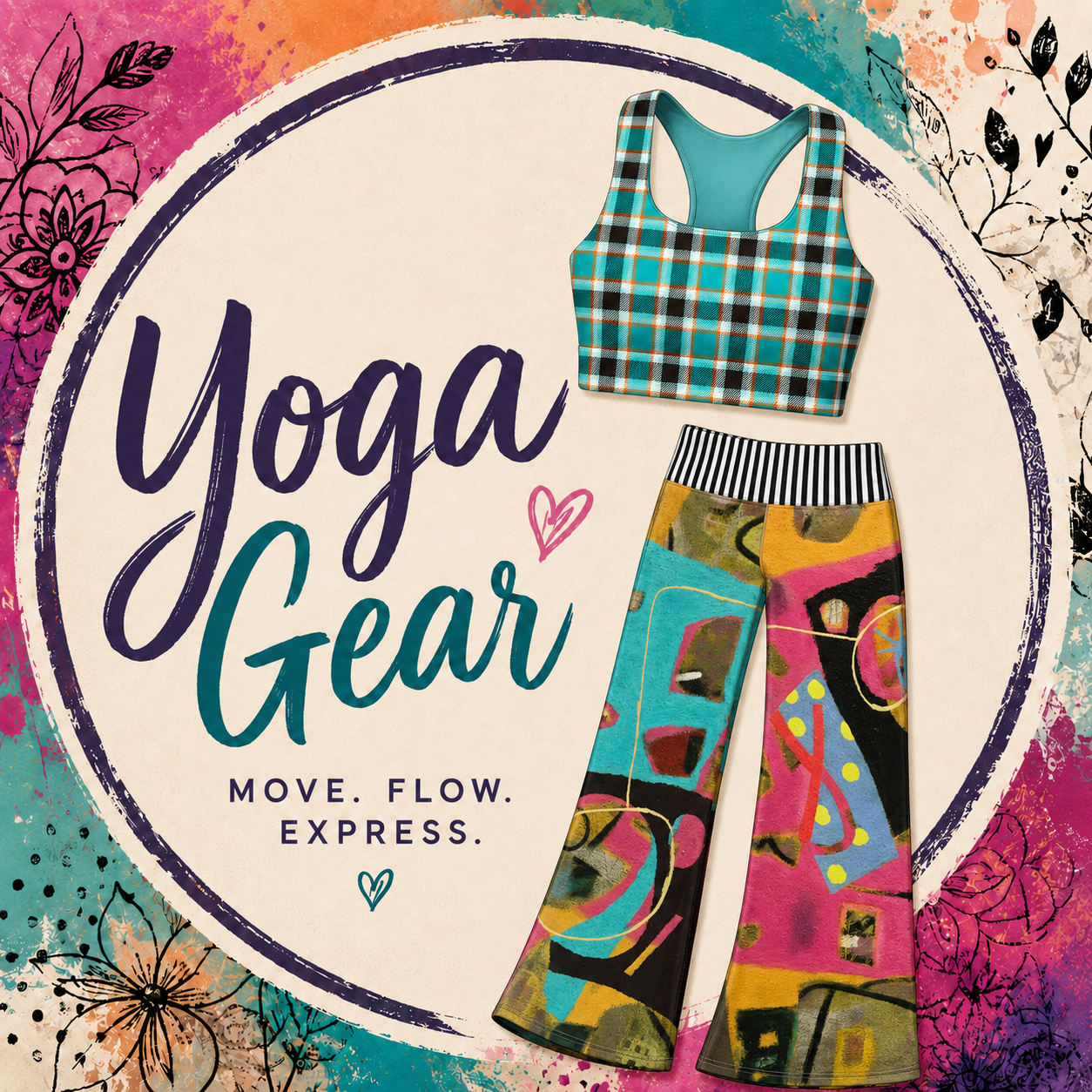 Colorful Yoga Gear collection icon featuring SingleTree Lane sports bra and high-waisted flare yoga pants with bold wearable art prints, floral accents, and Move Flow Express text. 