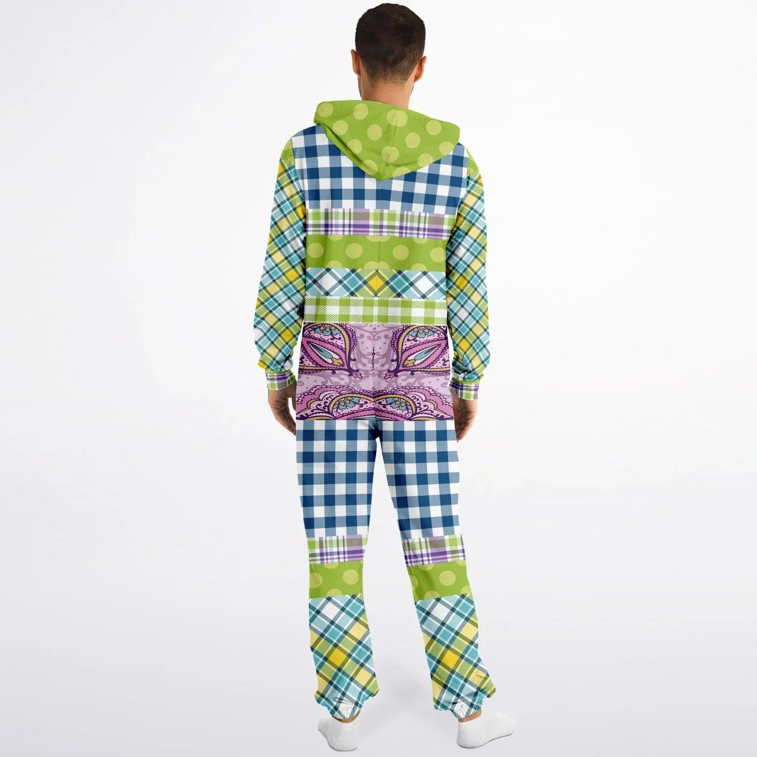 Kaleido-Scape Purple Plaid Patchwork Unisex Fleece Romper