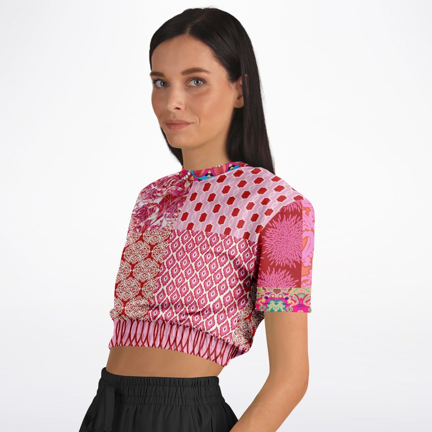 Gypsy Beat Pink Patchwork Eco-Poly Short Sleeve Cropped Pullover