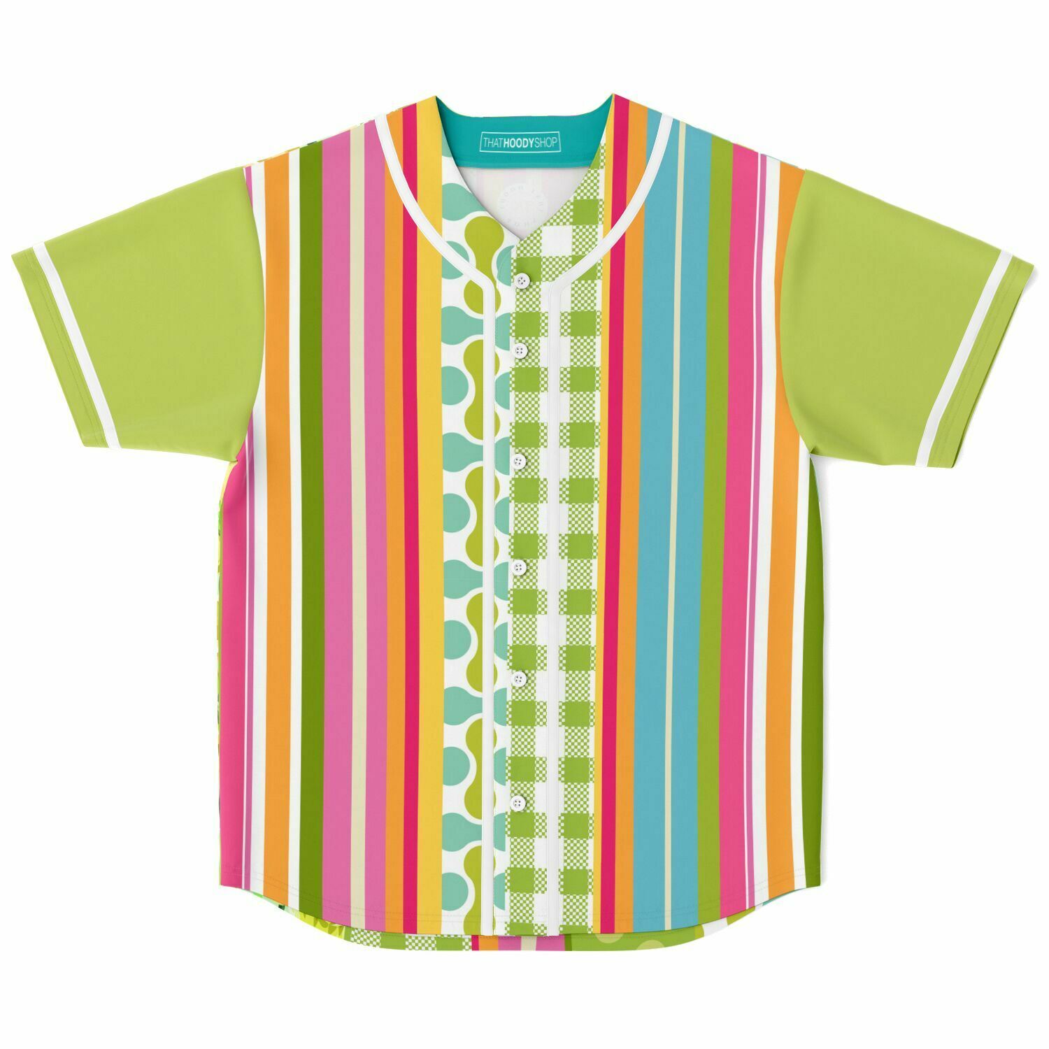 Green Anjou Pear Striped Patchwork Short Sleeve Eco-Poly Baseball Jersey