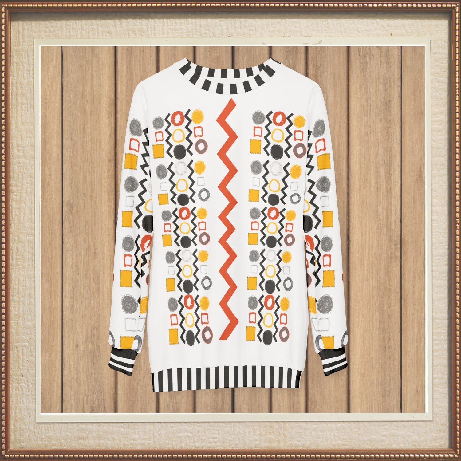 Black Stripe and Bright Geometric in White Unisex Sweatshirt (Gold Label)