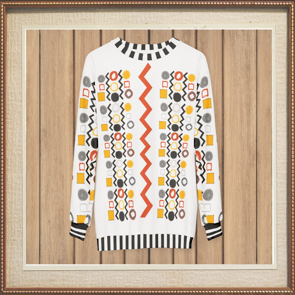 Black Stripe and Bright Geometric in White Unisex Sweatshirt (Gold Label)