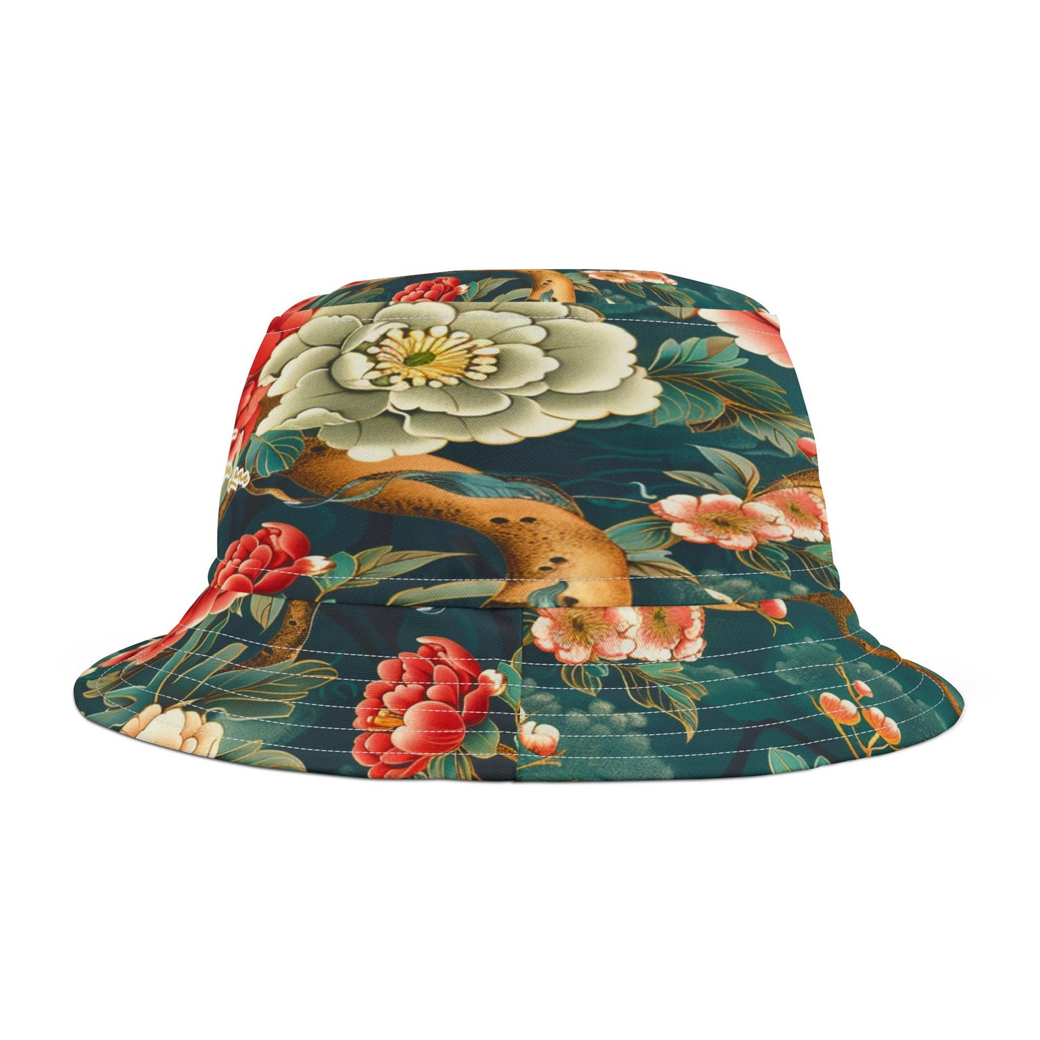 Asian floral patterned bucket hat in green and orange on a white background