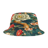 Asian floral patterned bucket hat in green and orange on a white background