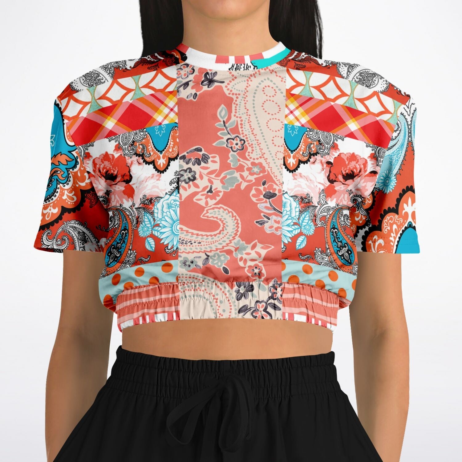 Coral Springs Hippie Patchwork Eco-Poly Short Sleeve Cropped Pullover