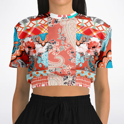 Coral Springs Hippie Patchwork Eco-Poly Short Sleeve Cropped Pullover
