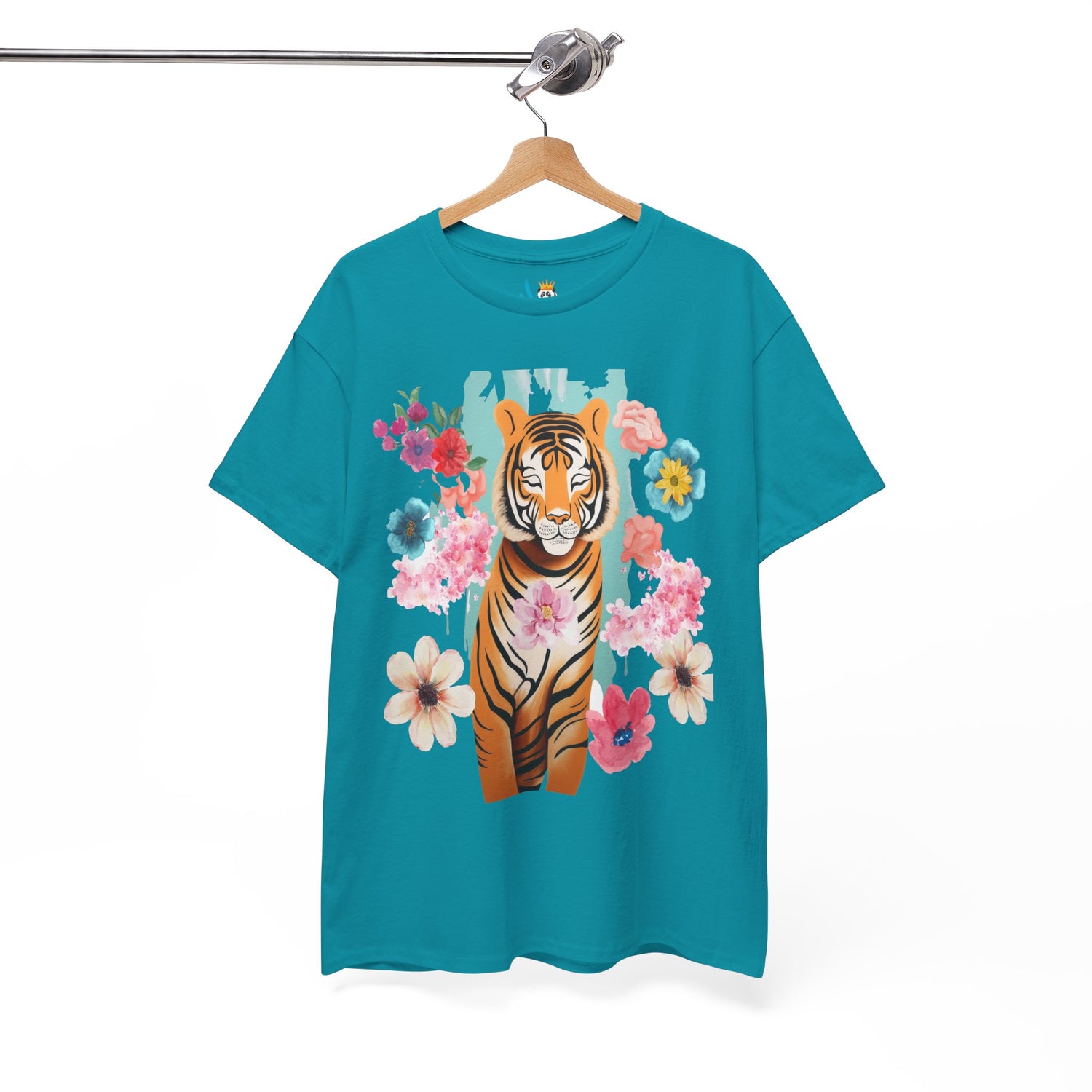 Tiger at Peace in Flowers Heavyweight Unisex Tee