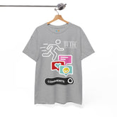 Gray t-shirt with graphic design on a hanger against a white background. Depicts in pictorial form when a person runs straight to the comments.