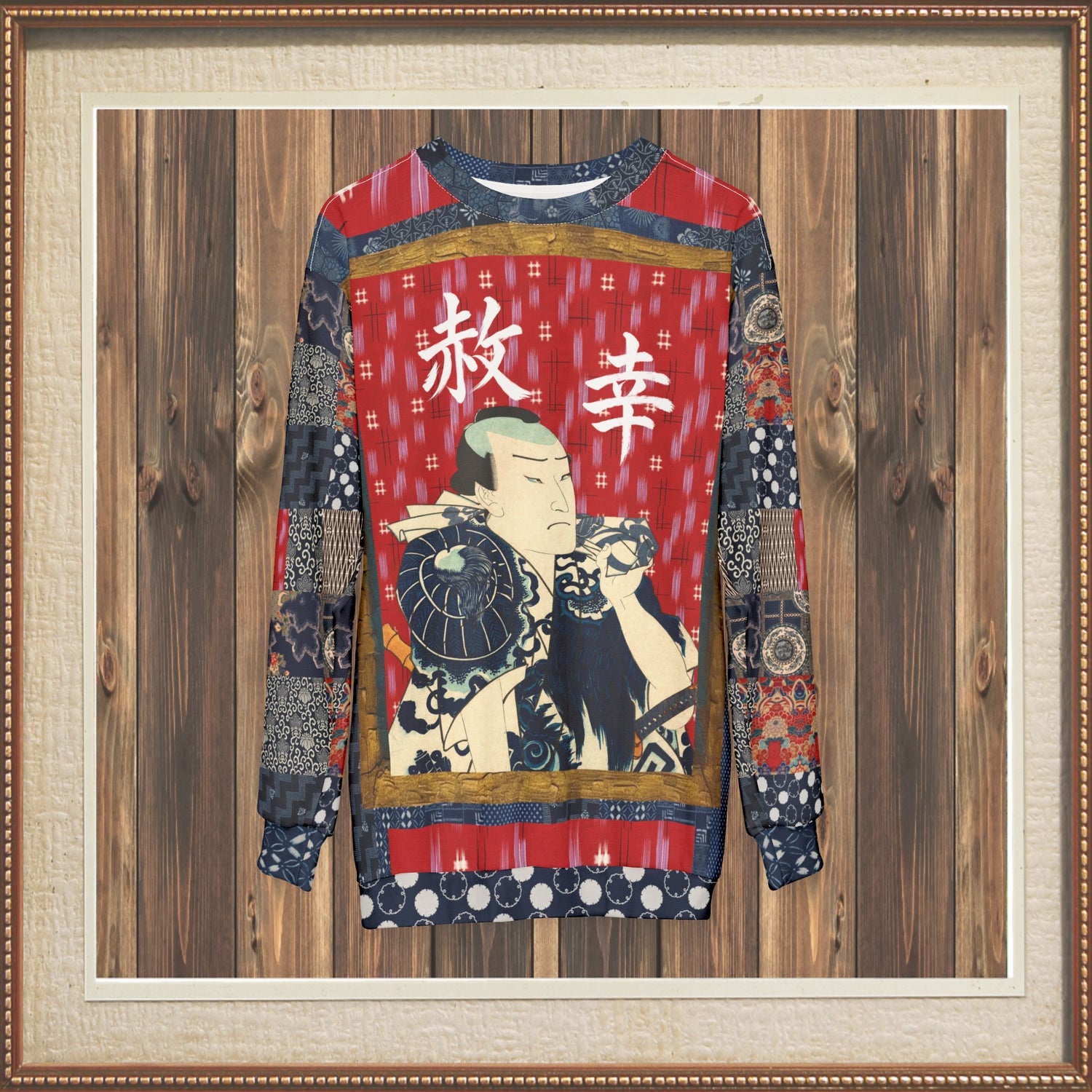 Indigo Edo Kabuki Red Warrior in Kanji Unisex Sweatshirt (Gold Label)