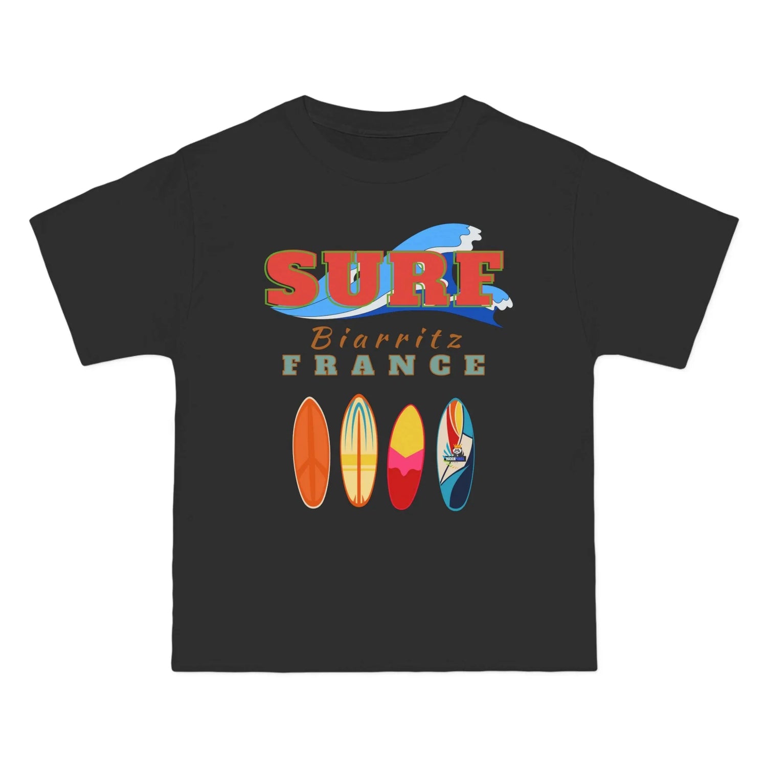 Black t-shirt with colorful surfboard design and text on a white background
