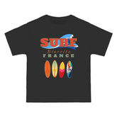 Black t-shirt with colorful surfboard design and text on a white background