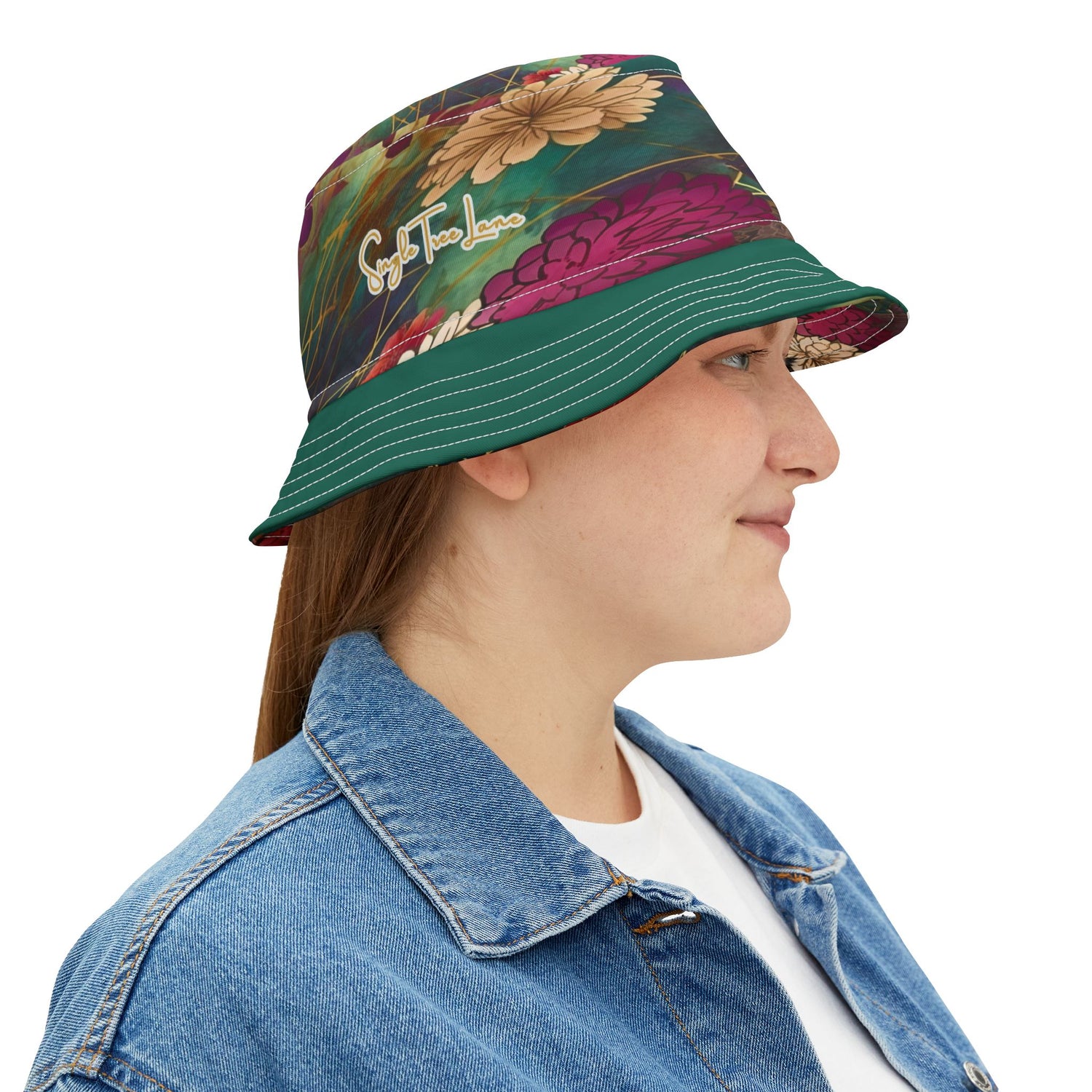Chiyogami Green Mountain Asian Floral Vibrant Bucket Hat
