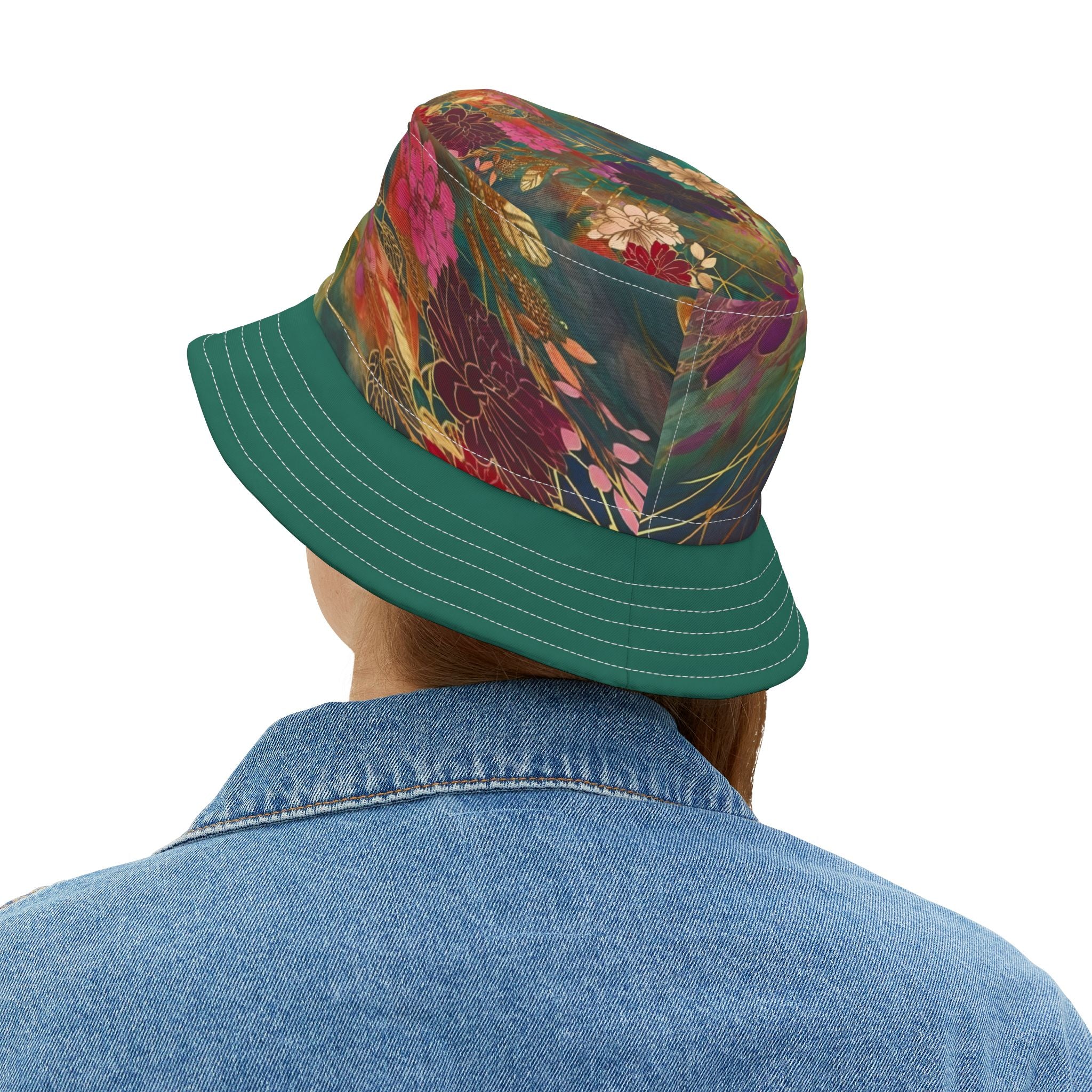 Chiyogami Green Mountain Asian Floral Vibrant Bucket Hat