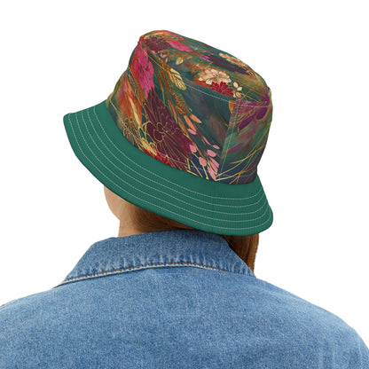 Chiyogami Green Mountain Asian Floral Vibrant Bucket Hat