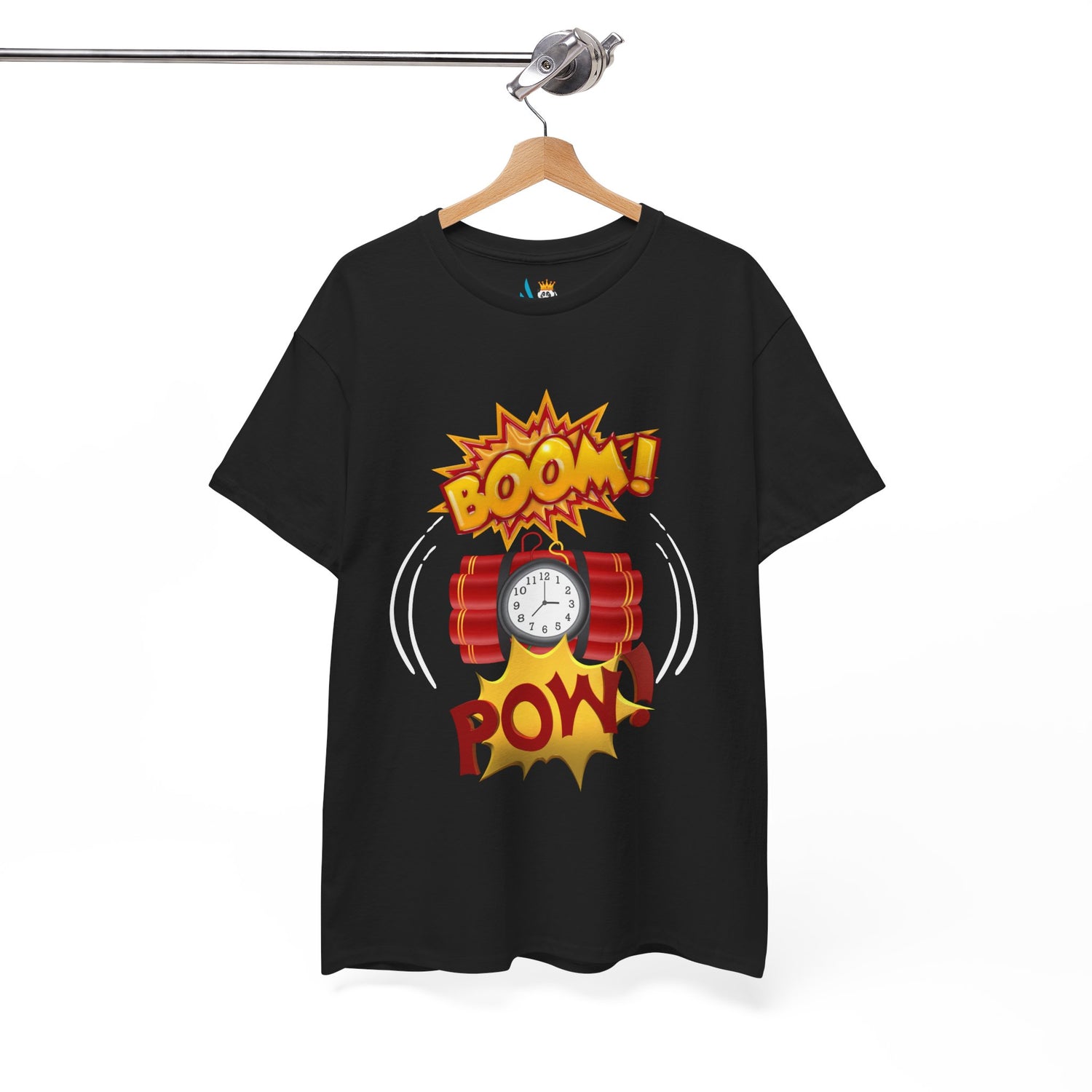 Black t-shirt with a graphic design of a bomb and &