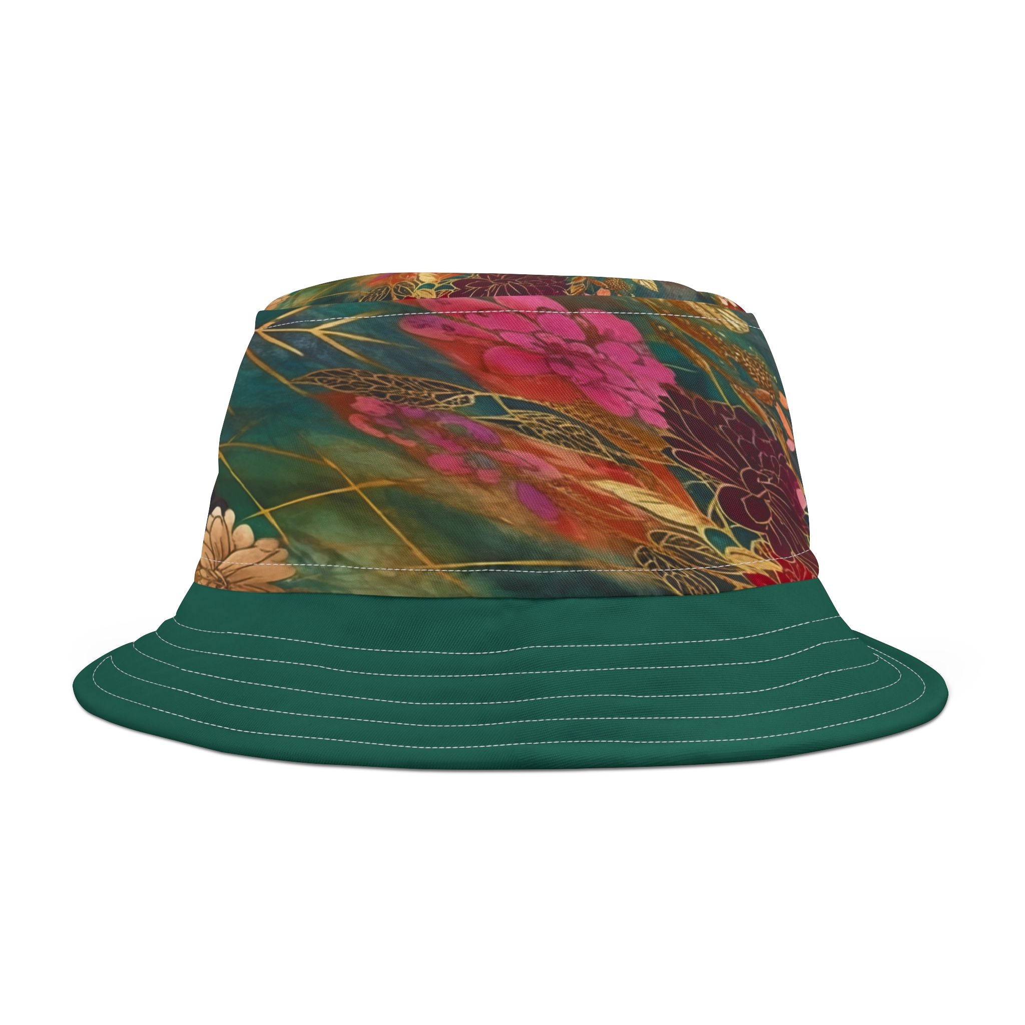 Chiyogami Green Mountain Asian Floral Vibrant Bucket Hat