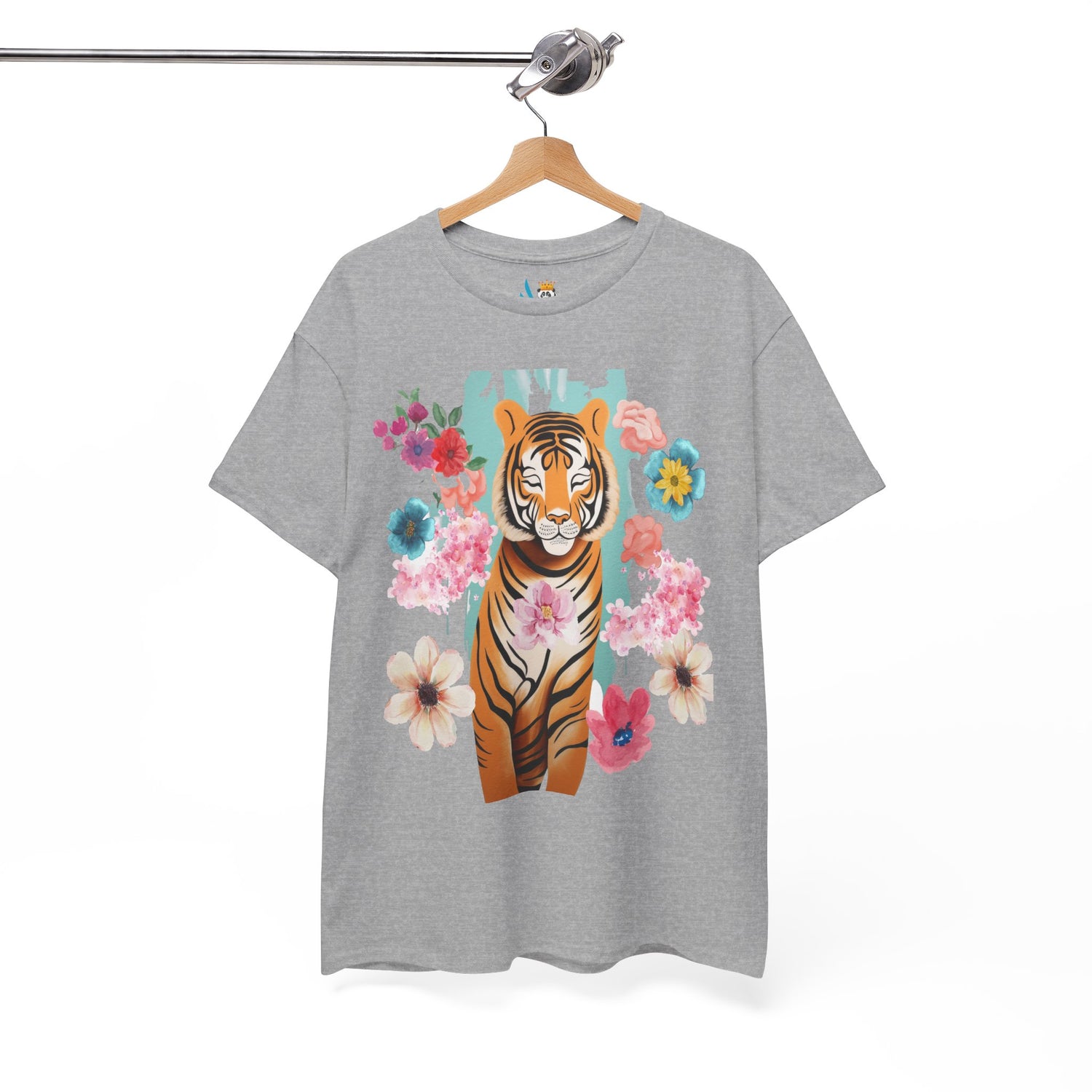 Tiger at Peace in Flowers Heavyweight Unisex Tee