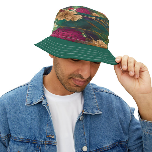 Chiyogami Green Mountain Asian Floral Vibrant Bucket Hat