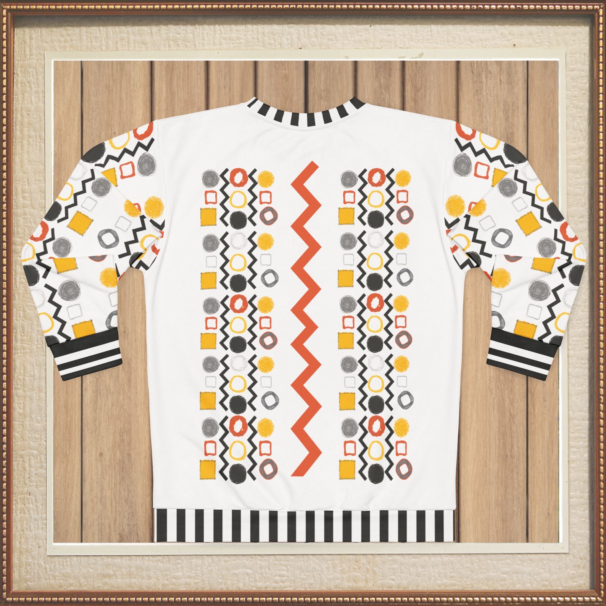 Black Stripe and Bright Geometric in White Unisex Sweatshirt (Gold Label)