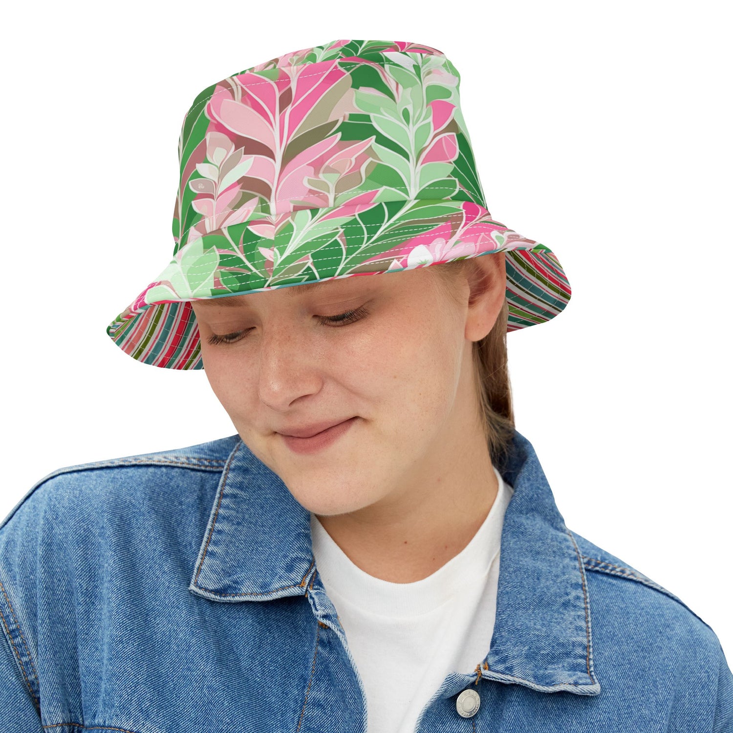 Leaves in Pink and Green Abstract Vibrant Bucket Hat