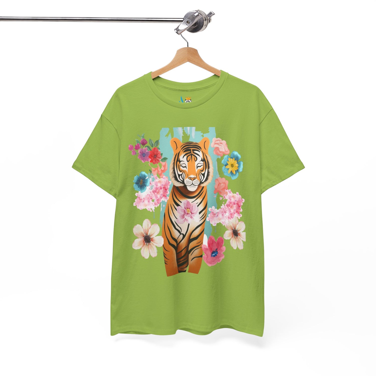 Tiger at Peace in Flowers Heavyweight Unisex Tee
