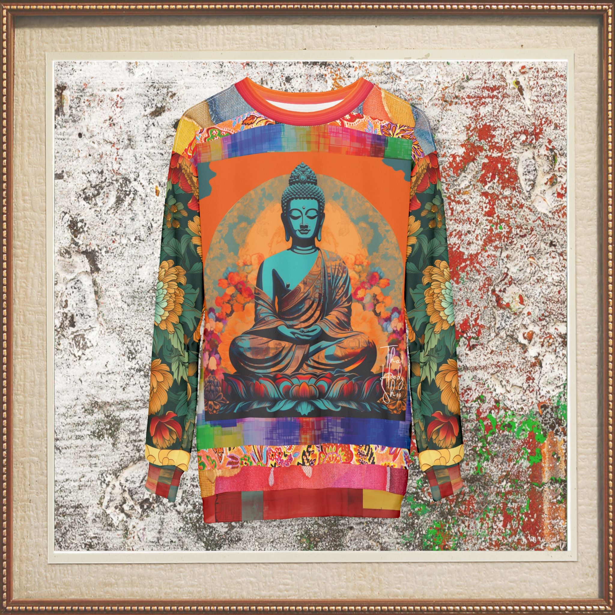 Buddha Nested in Flowers Patchwork Print Unisex Sweatshirt (Gold Label)