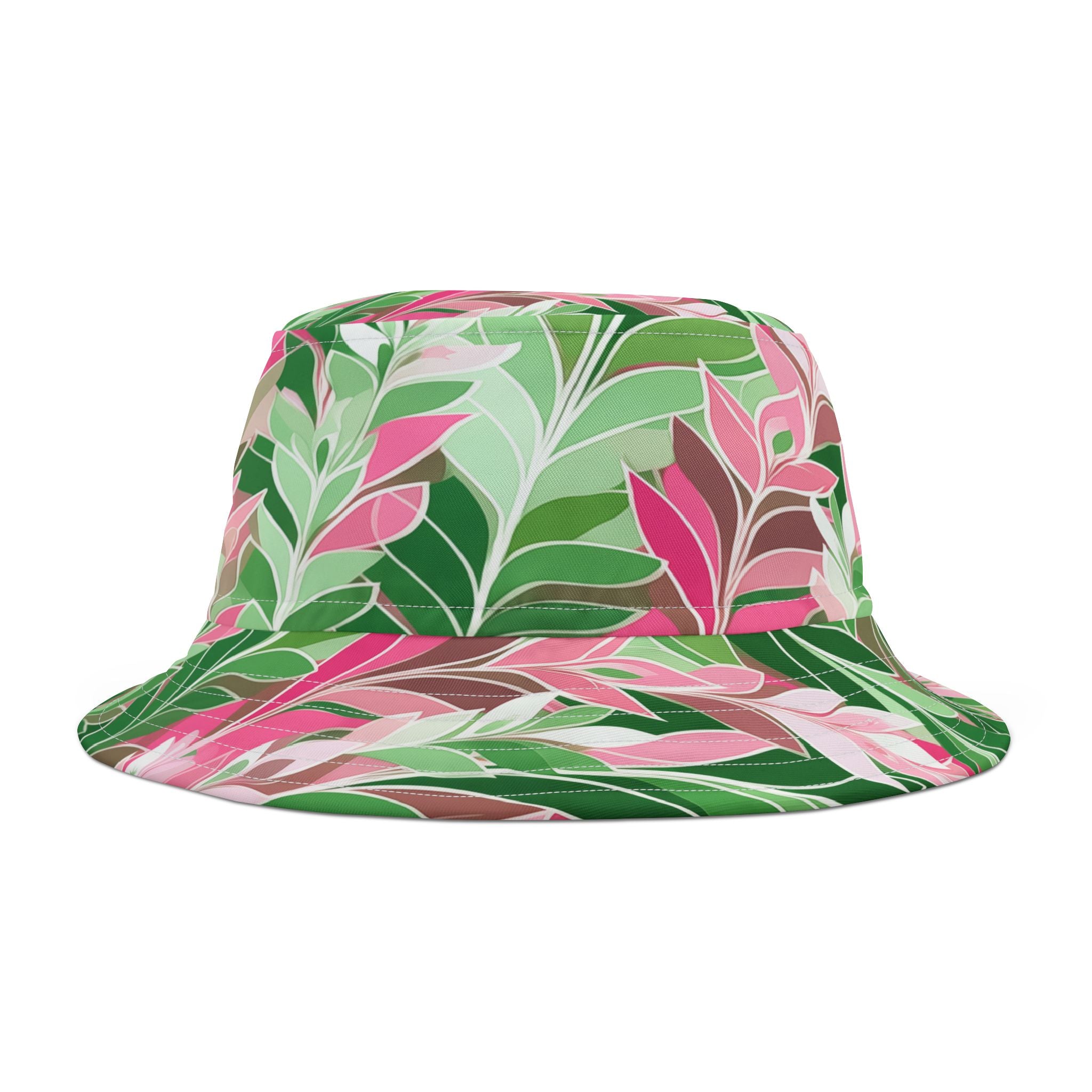 Leaves in Pink and Green Abstract Vibrant Bucket Hat