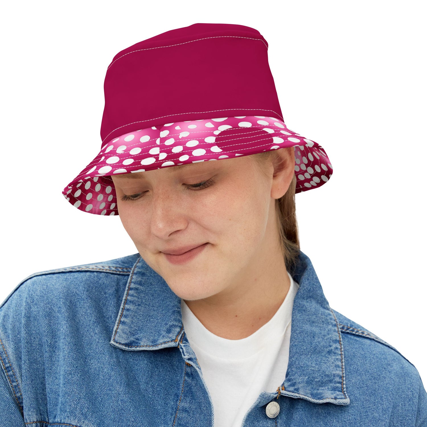 Pink Snowballs in Abstract Polka Dots Vibrant Bucket Hat