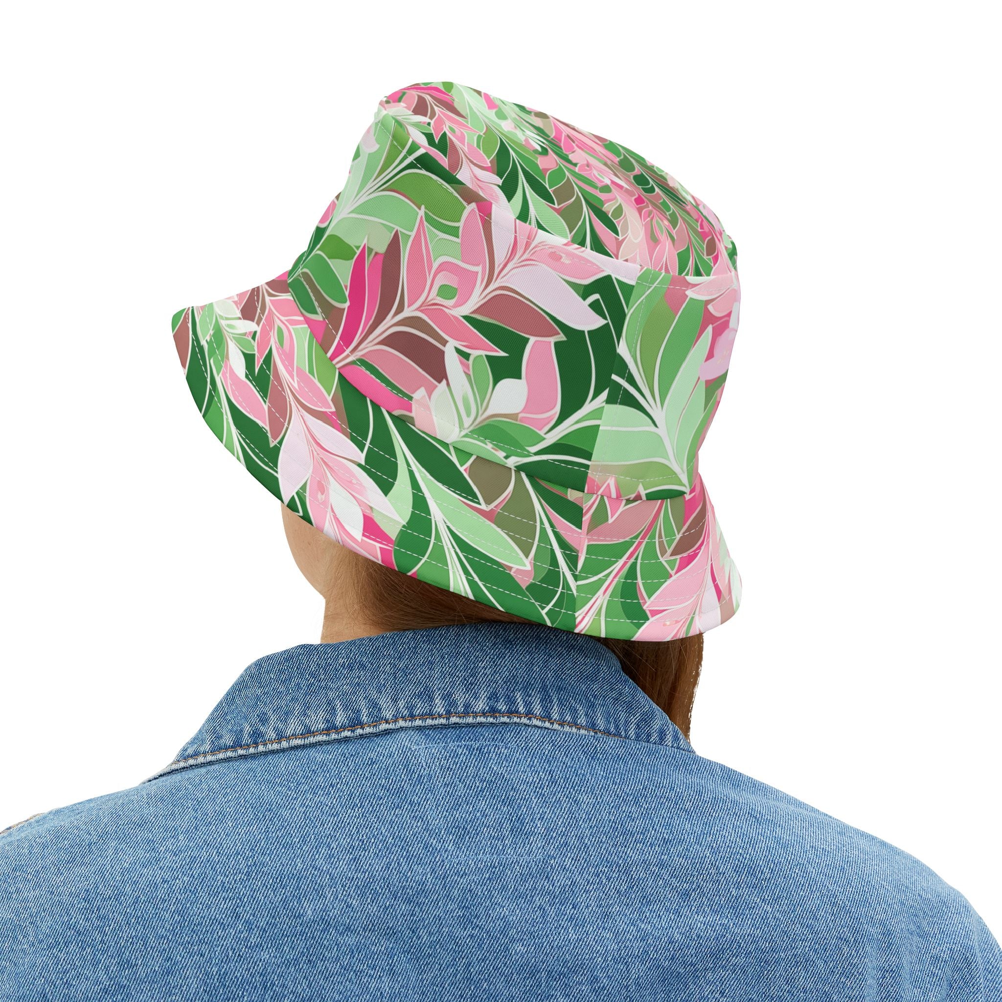 Leaves in Pink and Green Abstract Vibrant Bucket Hat