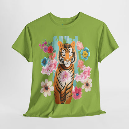 Tiger at Peace in Flowers Heavyweight Unisex Tee