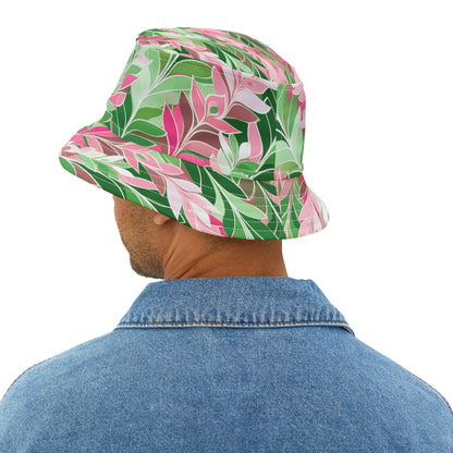 Leaves in Pink and Green Abstract Vibrant Bucket Hat