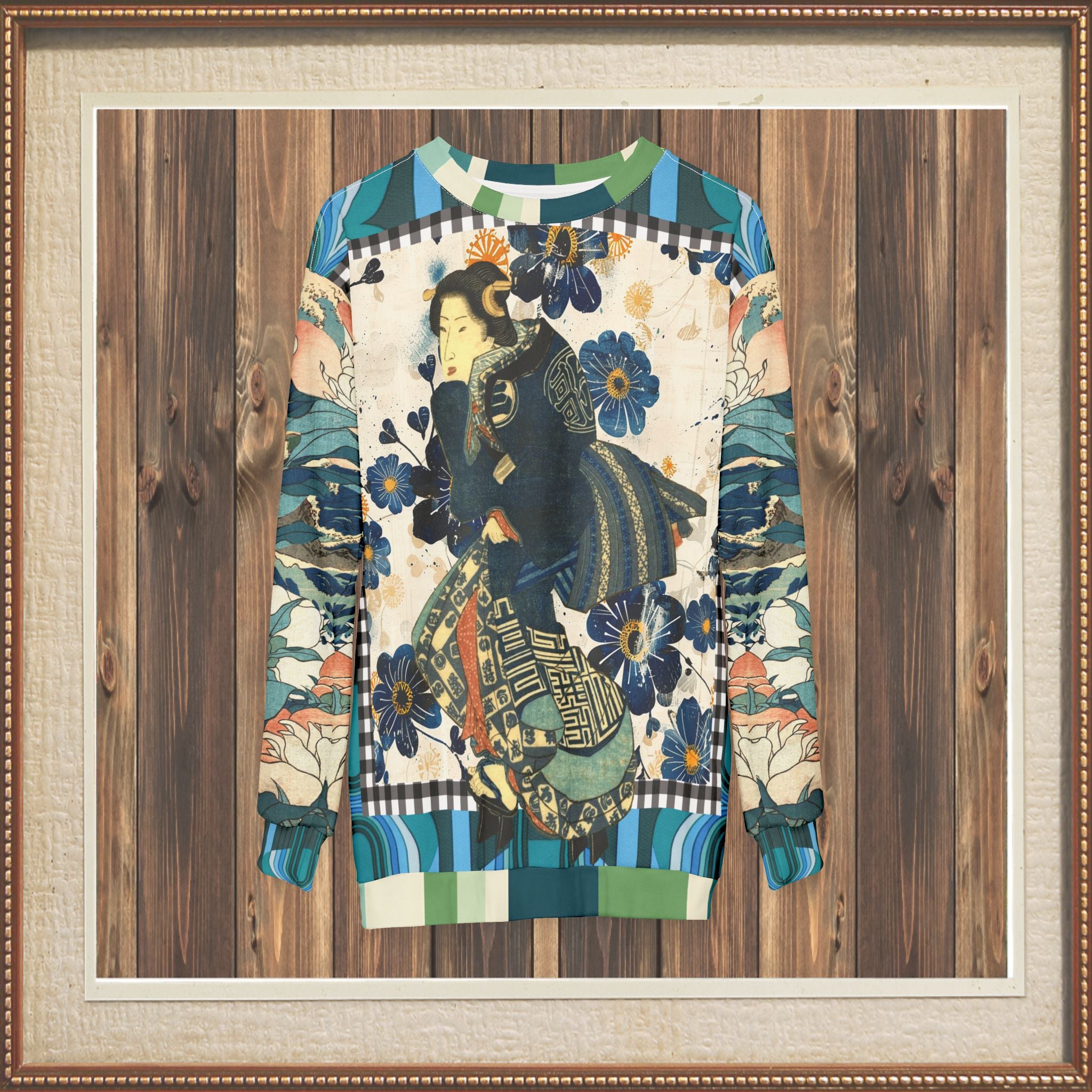 Femme Fatale in Blue Robe Japanese Block Art Unisex Sweatshirt (Gold Label)