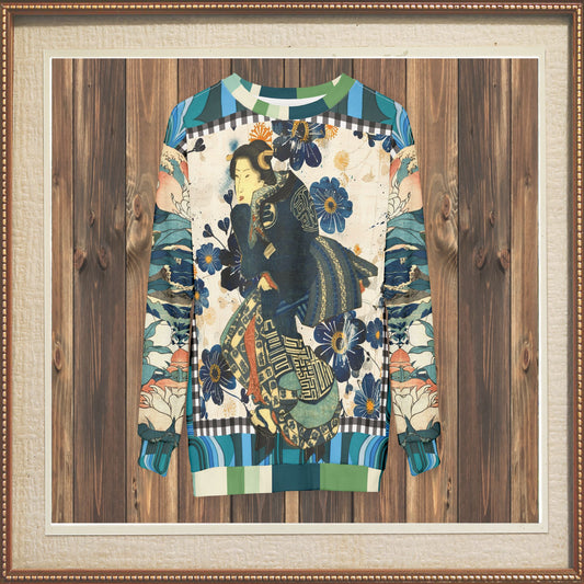 Femme Fatale in Blue Robe Japanese Block Art Unisex Sweatshirt (Gold Label)