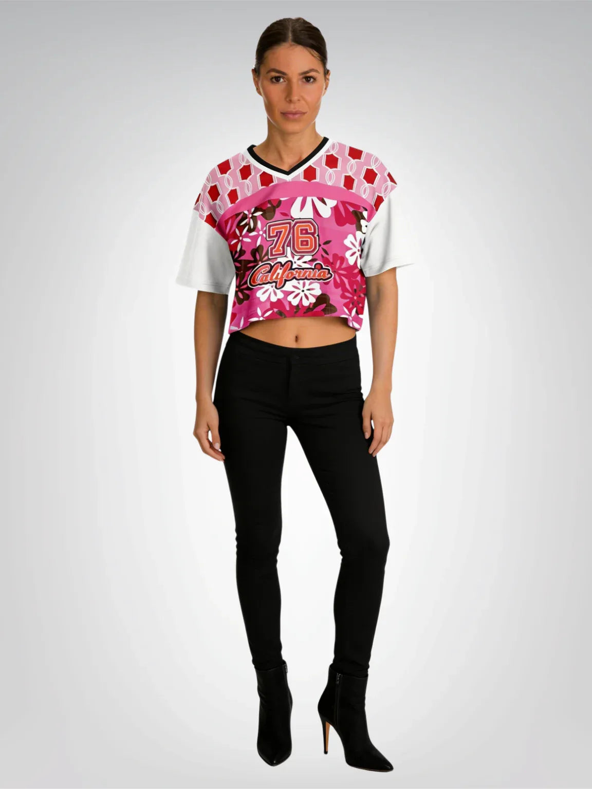 1976 California Pink Carnation Explosion Eco-Poly V-Neck Crop Jersey