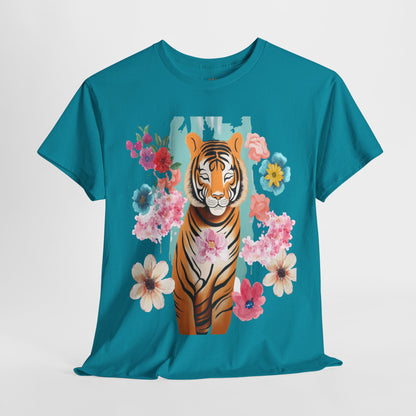 Tiger at Peace in Flowers Heavyweight Unisex Tee