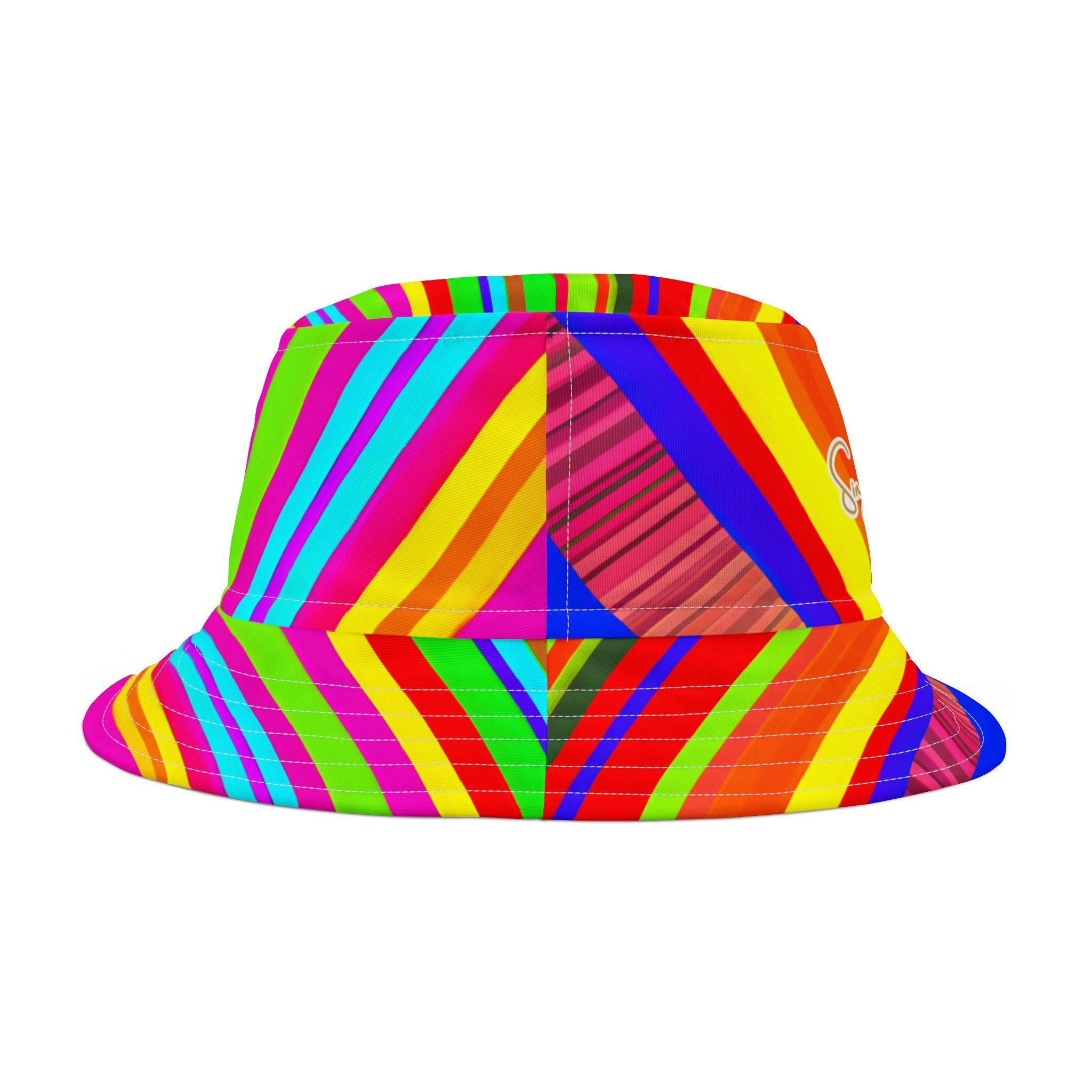 Back view of a colorful bucket hat with a fluorescent striped pattern on a white background
