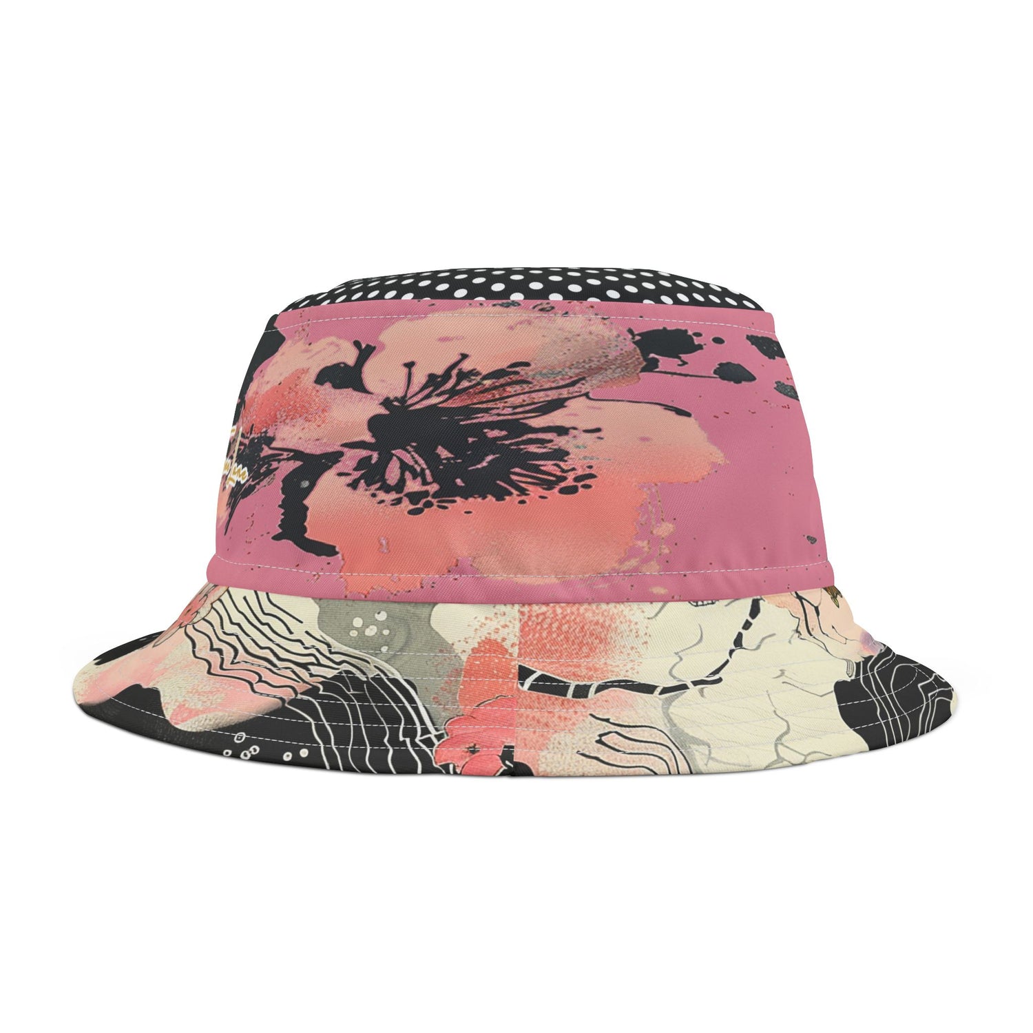 Bucket hat with pink asian 
floral pattern on a white background