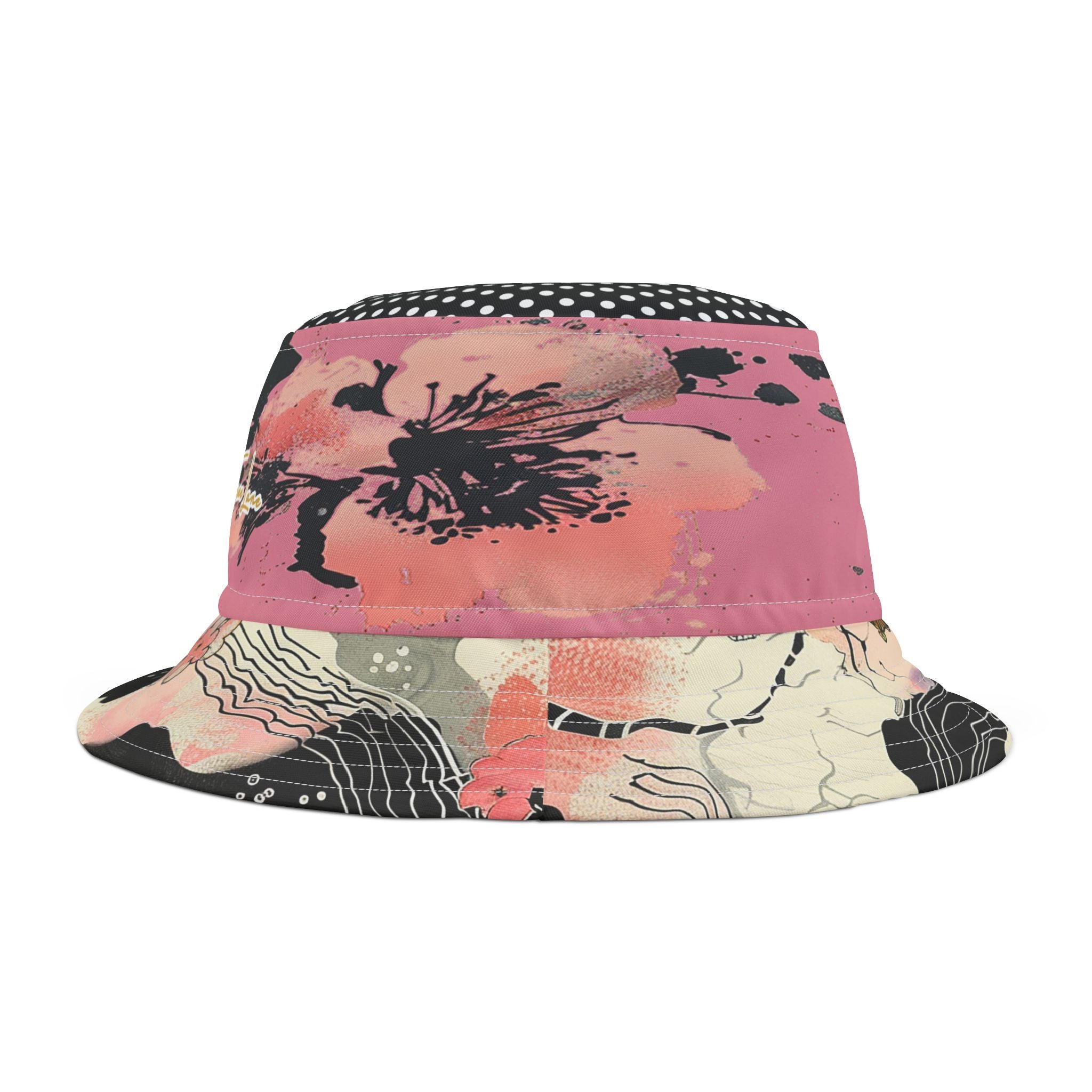 Bucket hat with pink asian 
floral pattern on a white background