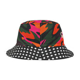 Back view of a colorful bucket hat with a bright camouflage design on top and polka dot pattern on the outside brim against a white background