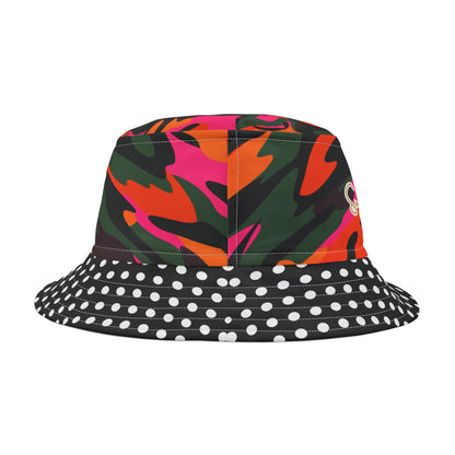 Back view of a colorful bucket hat with a bright camouflage design on top and polka dot pattern on the outside brim against a white background