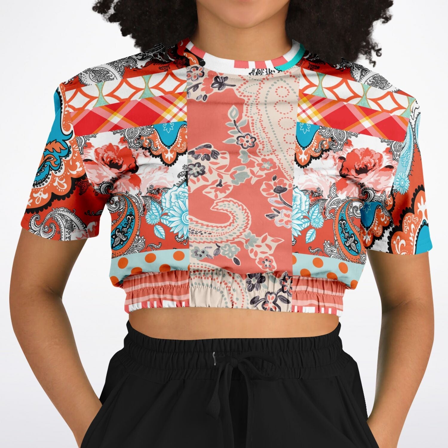 Coral Springs Hippie Patchwork Eco-Poly Short Sleeve Cropped Pullover